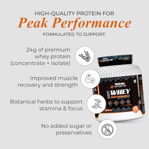 Image of NUTRELA Sports Patanjali Whey Protein 2kg with Shaker | Concentrate + Isolate | 24g Protein Per Scoop | 6.7g BCAA, 4.9g Glutamine with Digestive Enzymes for quick absorption & easy digestion | Muscle - Building & Recovery | 100% Vegetarian | Irish Chocolate