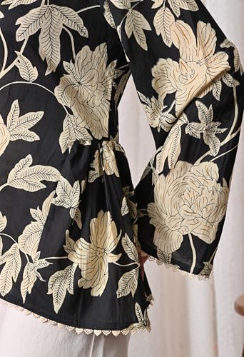 Image of MEERA FAB Women's Summer Floral Printed Cotton Short Kurta Bell Sleeves | Floral Printed Kurta | Short Kurti for Women