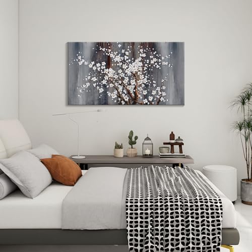 Image of AJAZIKO Wall Art for Living Room Large Modern Wall Decor Canvas Paintings for Wall Decorations White Flower Brown Bedroom Office Artwork Plum Blossom Art Prints Framed
