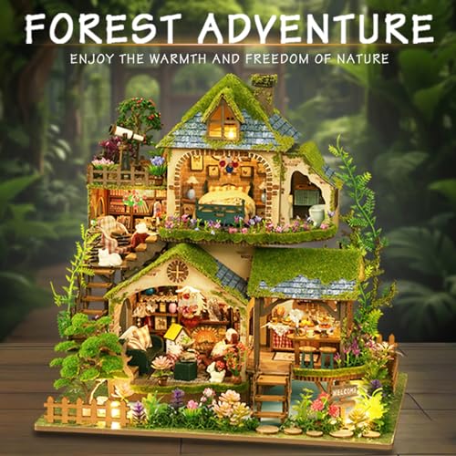 YSWOOD WORLD DIY Miniature House Kit, Mini House Building Kit with LED, DIY Miniature Kit for Adults Teen, Dollhouse Kit for Birthday Father's Day, Forest Adventure