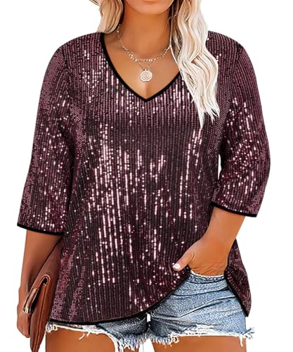 RITERA Plus Size Tops for Women 3/4 Sleeve Sequin Blouse