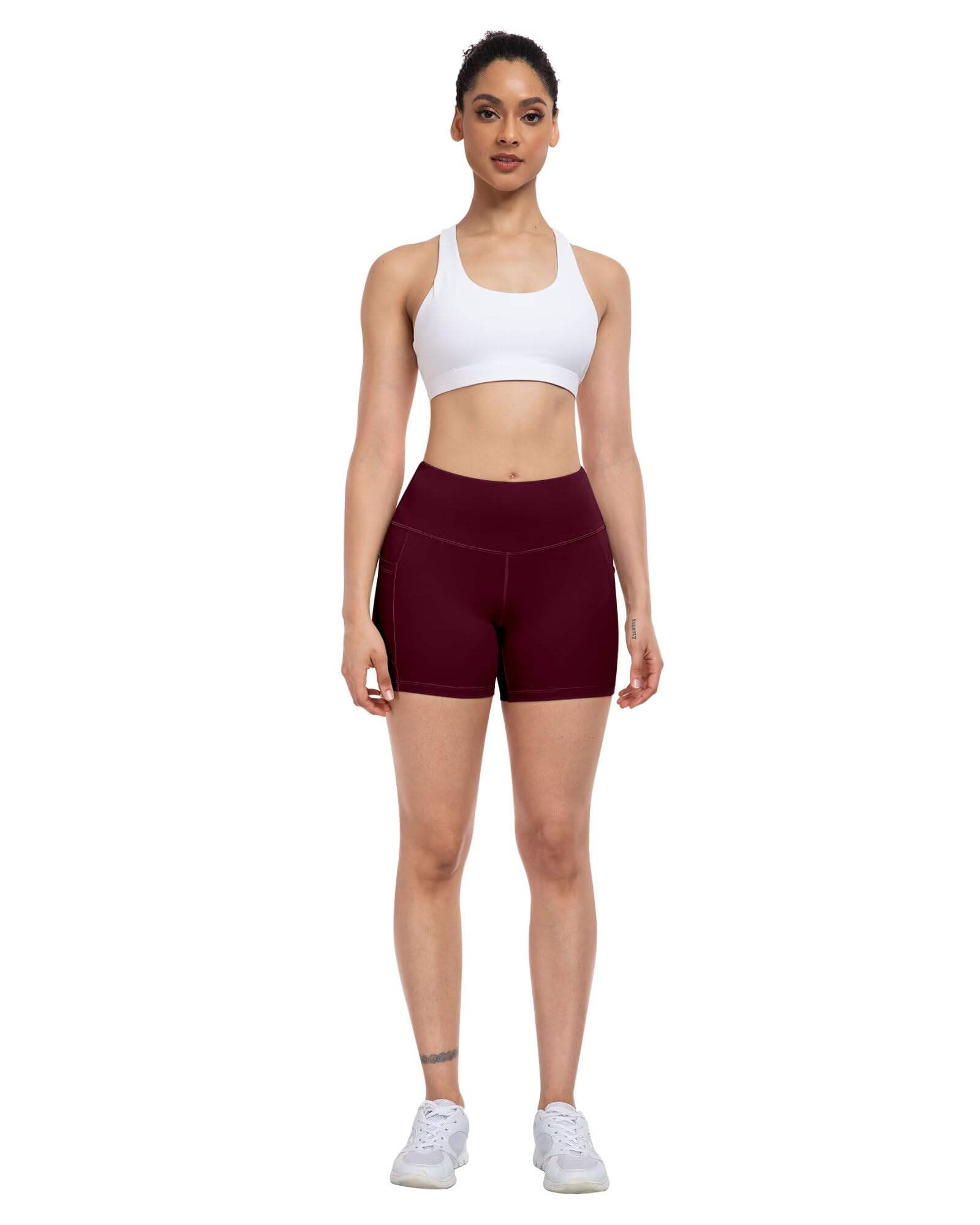ATHVOTAR Lot de 4 shorts de yoga en élasthanne avec poches pour femme 7,6 cm/12,7 cm/20,3 cm, short de motard gainant le ventre, Noir/gris/violet/cassis, Taille L