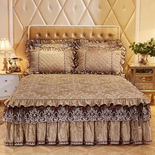 Daesar Conjunto Sábana Bajera Protectora con 2 Fundas Almohada,Patrón de Hoja con Encaje Bordado Terciopelo Bajera Caqui,200 x 220 CM