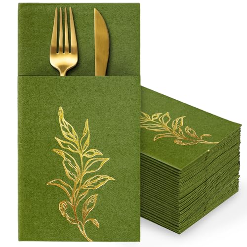 Whaline 100Pcs Olive Green Linen Feel Napkin with Built-in Flatware Pocket Disposable Paper Napkins Gold Foil Leaves Folded Dinner Napkins for Birthday Wedding Party Table Supplies