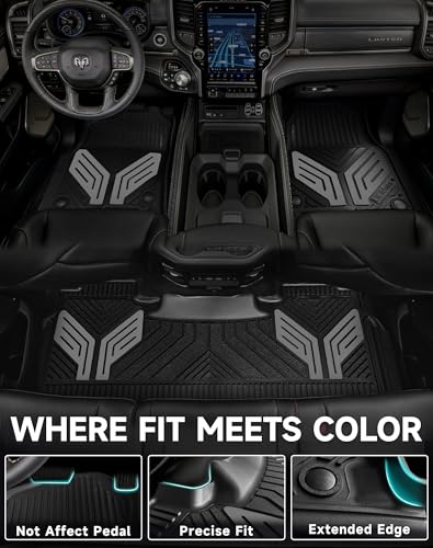 Image of Premium Color TPE Floor Mats for Ram 1500 Crew Cab 2019-2024 | Bucket Seats | All-Weather Custom Fit Floor Liners Full Set | Titan Gray Wing Design | No Rear Under-Seat Storage (Not Classic)
