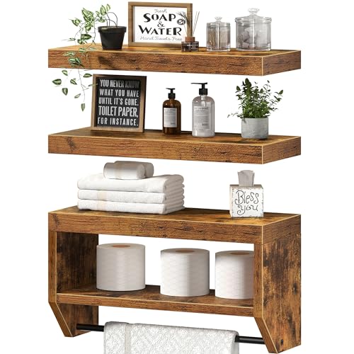 QEEIG Bathroom Floating Shelves for Wall - Shelf Over Toilet Paper Storage Farmhouse 16 inch Set of 3 Rustic Brown (028-40BN3)