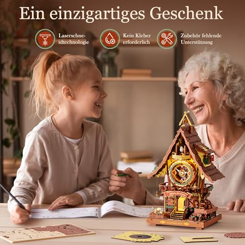 ROBOTIME 3D Puzzle Kuckucksuhr für Erwachsene, Holzpuzzle-Modellbausätze zum Bauen, funktionierende Uhr mit Kuckuckssound, Heimdekoration Handwerk, Geschenk für Jugendliche & Erwachsene, LC901C