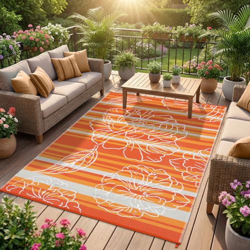 Garvee 5x8 Outdoor Waterproof Rug Floral Outdoor Area RugReversible Plastic Straw Patio Rug Portable Camping Mat for RV Picnic Beach Balcony Garden & Camping Orange