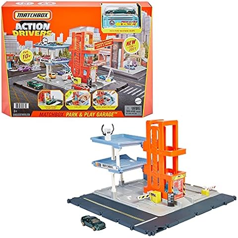 Matchbox Action Drivers Park & Play Garage Playset with Lights & Sounds, Plus 1 Car, Push-Around Play Activates Gates, Connects to Other Sets, Gift for Kids 3 & Older, HBL60 Cover