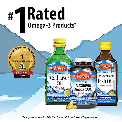 Carlson - Maximum Omega 2000, 2000 Mg Omega-3 Fatty Acids Including Epa And Dha, Wild-Caught, Norwegian Fish Oil Supplement, Sustainably Sourced Fish Oil Capsules, Lemon, 60 Softgels #TOP5