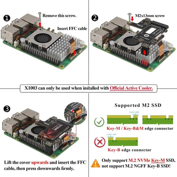 Image of X1003 Tiny PCIe to M.2 HAT NVMe SSD PIP PCIe Peripheral Board for Raspberry Pi 5 & Official Active Cooler Support M.2 2230 /2242 SSD
