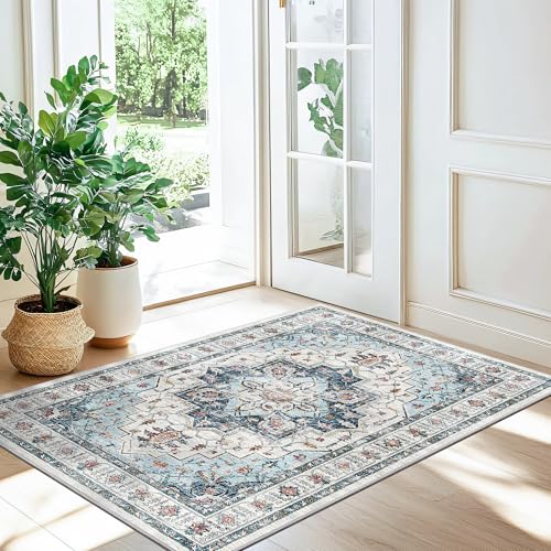 Madane Washable Area Rug 2x3, Small Entryway Rug Non-Slip Vintage Door Mat Indoor Entrance, Low Pile Floor Carpet for Inside Front Door Bedroom Kitchen Entry Laundry (2'x3', Blue)