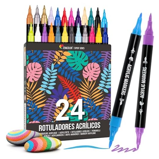 Zenacolor Rotuladores Acrilicos con Doble Punta (Punta Fina y Pincel) - 24 Colores únicos de Rotuladores Permanentes para Distintas Superficies y Obras de Arte - Rotuladores Acrilicos Permanentes