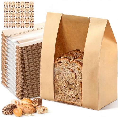 ZENFUN 100 Pack Paper Bread Bags with Stickers, 12.6 x 8.3 x 4 Inch Sourdough Bags with Clear Window, Large Kraft Bakery Bag for Storing Loaves&Snacks, Cookies, Donuts, Food Packaging
