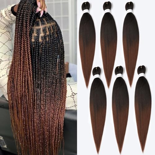 Braiding Hair Pre stretched 32 Inch Ombre Braiding Hair Extensions Hot Water Setting Synthetic Hair Pre Stretched Crochet Braids Hair Yaki Texture(32Inch,6 Packs,1B/30#）