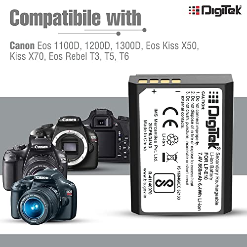 Image of DIGITEK (LP E10) Lithium-ion Rechargeable Battery for DSLR Camera, 7.4V 860mAh, Multi Protection, Compatible with Canon Eos -1100D, 1200D, 1300D, Kiss X50, X70, Rebel T3, T5, T6