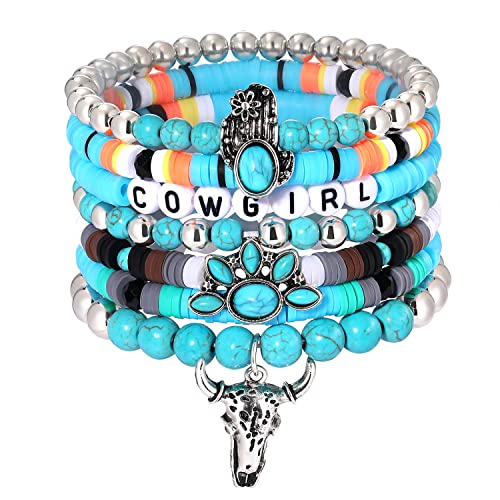 BVGA Western Cowgirl Turquoise Beaded Stretch Bracelets Preppy Heishi Bracelets Set Aztec Turquoise Bull Head Cow Cactus Flower Charm Bohemian Stackable Bracelets Y2K Summer Beach Layering Bracelets Jewelry for Women