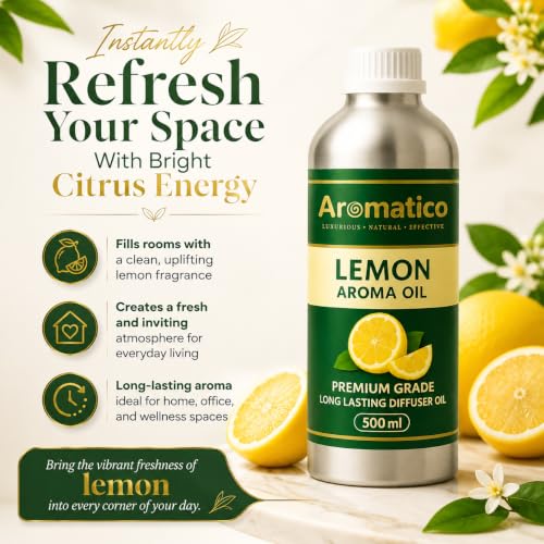 Image of AROMATICO Lemon Diffuser Oil with Strong, Long-Lasting Aroma for Homes, Offices & Showrooms | For Aromatherapy, Diffusers, Air Purifiers, Vaporizers - 500ML
