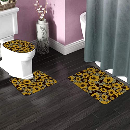 3-teiliges Badezimmerteppich-Set, Sonnenblumen, waschbare Badeteppiche, rutschfest, mit Rückenpolster, Konturteppich und Toilettendeckelbezug – Bild 4
