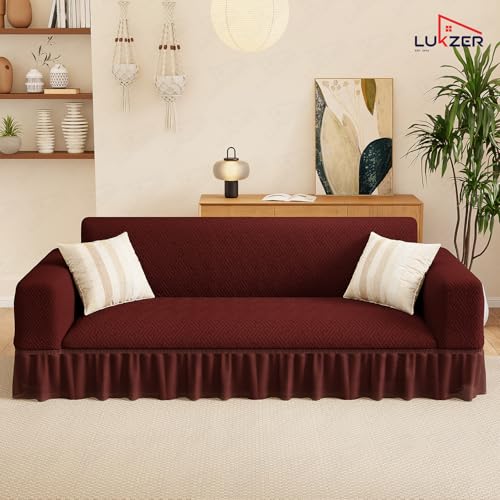 Image of Lukzer 1 Seater Jacquard Sofa Cover with 360 Frill Skirt - Pastel Deep Maroon Grid Maze | 240 GSM Stretchable Anti-Slip Fully Covered Universal Couch Cover for Living Room (90-140CM /SC-109-01F)