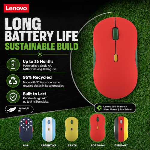 Image of Lenovo 350 Bluetooth Silent Mouse (Fan Edition), Wireless Ergonomic Ambidextrous Design, Bluetooth 5.3, Adjustable DPI up to 2400, 36 Month Battery Life, Recycled Materials, Portugal Flag