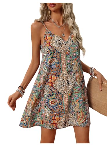 GORGLITTER Women's Boho Paisley A Line Flowy Cami Mini Dress V Ne...