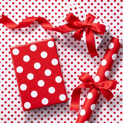 RUSPEPA Reversible Polka Dot Wrapping Paper Mini Roll Red White Large & Small Dots Design Modern Classic Gift Wrap for Birthday Holiday Valentines Day Christmas Party 17 Inches x 16.4 Feet