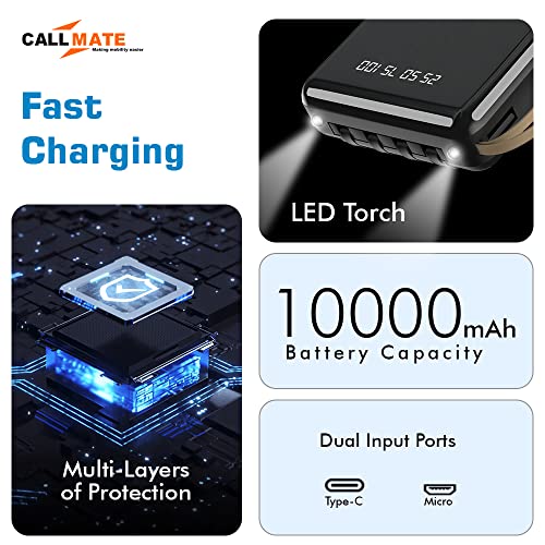 Image of Callmate 10000mAh Power Bank, 15W Fast Charging| Buit-in 3-in-1 Cables | 4 Output Ports and 2 Input | Digital Display | LED Torch| for i-Phone, Smartphones & Other Devices (Black, Lithium Polymer)
