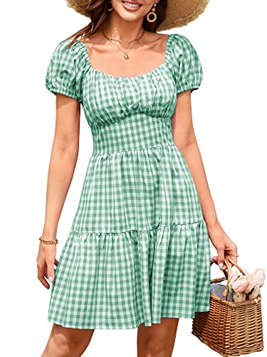 ZAFUL Women's Casual Plaid Mini Dress Scoop Neck Short Puff Sleeve Sundress A-Line Flowy Summer Dresses (A-Light Green,XL)