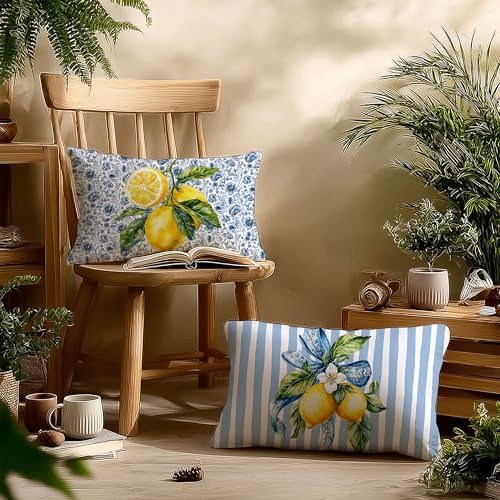 Image of Blue and Yellow Summer Italian Mediterranean Amalfi Coast Lemon Pillow Cover Decor 12x20, Striped Italian Decorative Throw Pillow Cover Decor for Couch Double-Sided Set of 2
