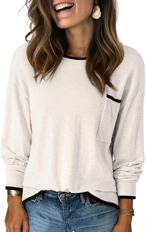 Dokotoo Womens Sweaters Casual Crewneck Long Sleeve Pullover Sweater Jumper Tops with Chest Pocket