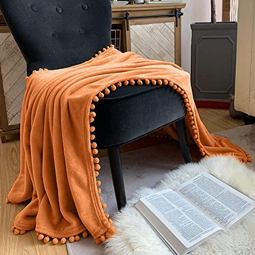Lomao Flannel Blanket With Pompom Fringe Lightweight Cozy Bed Blanket Soft Throw Blanket Fit Couch Sofa Suitable For All Season (Orange, 51''X 63'') #TOP1