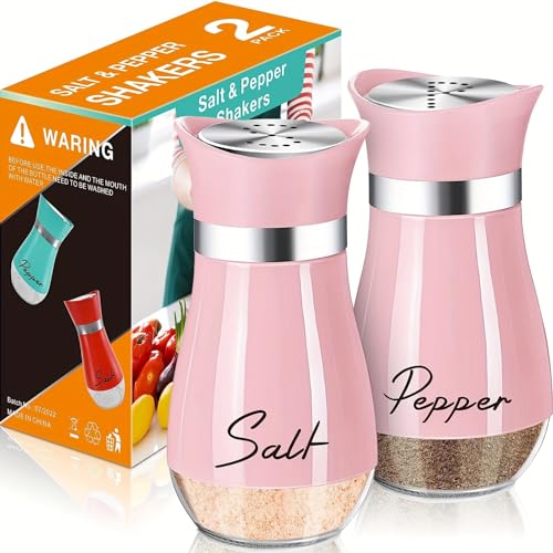 Salt and Pepper Shakers Set,2 PCS Premium Stainless Steel Salt and Pepper Shakers Set, Pink…