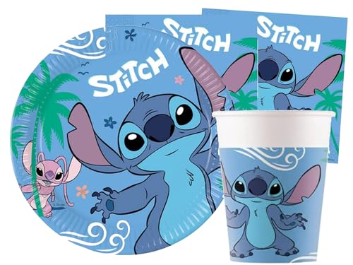 Isola Party Kit fête d'anniversaire Lilo & Stitch écologique pour 16 personnes (16 assiettes en carton ⌀ 23 cm, 16 gobelets en papier 266 ml, 20 serviettes en papier 33x33 cm)