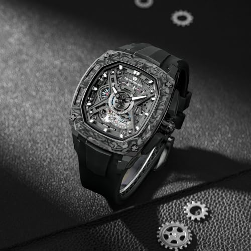 Image of TSAR BOMBA Luxury Mechanical Watches for Men with Carbon Fiber Case Men Wristwatch Luminous 5ATM Water Resistant Men's Watch with Fluorine Rubber Strap Great Gifts for Men