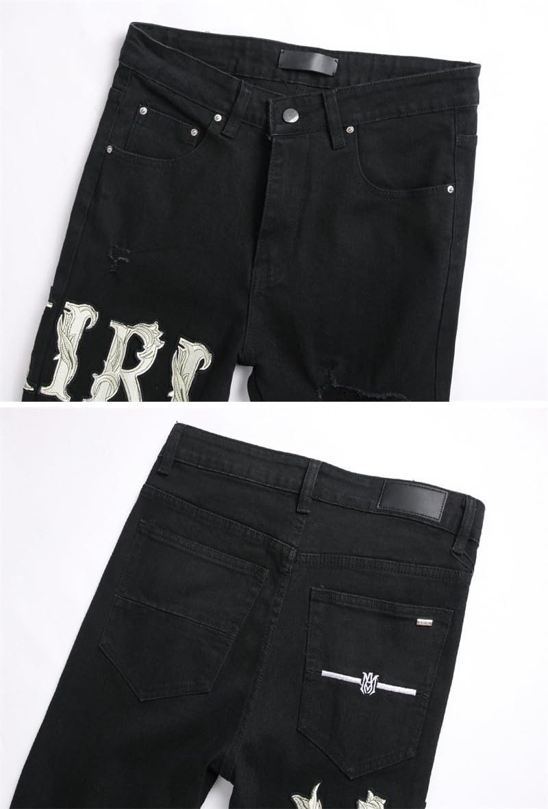 Vaqueros Hombre Slim Fit Rasgados – Vaqueros Negros de Mezclilla Elástica con Diseño Moderno y Versátil, Inspiración Y2K Streetwear Hip-Hop para un Look Urbano y Actual