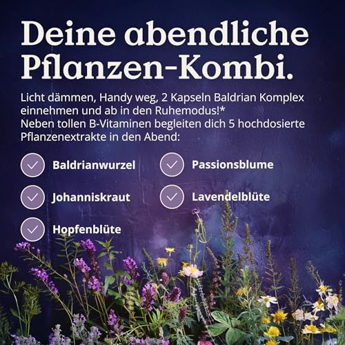 NATURE LOVE® Baldrian Komplex – 90 Kapseln ohne Melatonin – mit Johanniskraut, Passionsblume, Folsäure, Lavendelblüte & B-Vitaminen – vegan