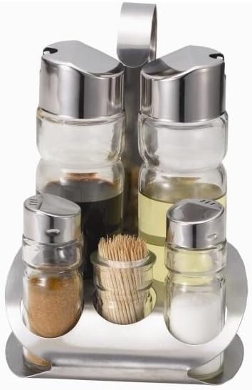 5 Piece Cruet Condiment Set Glass Salt Pepper Oil & Vinegar Dispencer Rack Stand