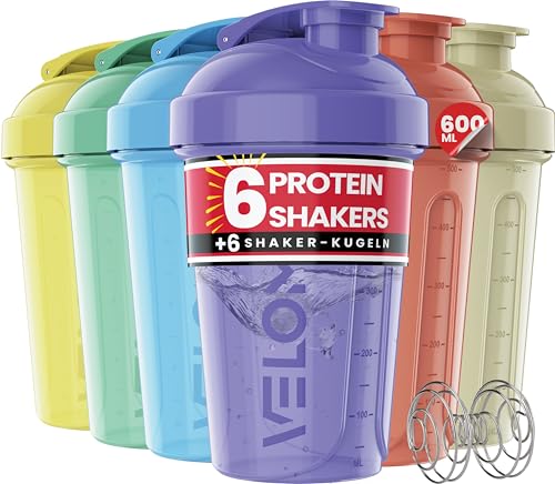 VELOMIX -6 PACK- 600ml Eiweiß Shaker - Auslaufsicher Shaker Proteinshake Mit 6x Kugel | Drehverschluss & Mess-Skala Shake Becher | Spülmaschinengeeignet & Stackable Protein Shaker (Pastel Shades)