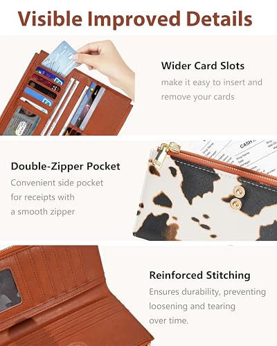 Image of Cow Women's Slim Wallet,Thin RFID Card Holder with Zipper Pocket