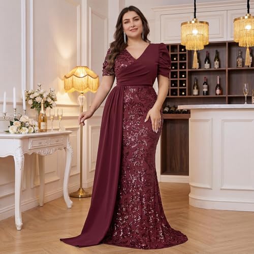Image of Elegant Women's Formal Dress Wedding Guest Puff Sleeve Mermaid Ball Gowns Court Train Plus Size Sequin Long Dresses
