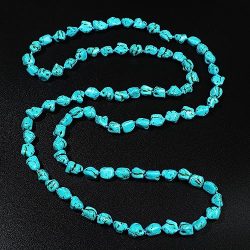 COLORFUL BLING Handmade Turquoise Beaded Strand Endless Necklace Long Knotted Stone Multi-Strand Layer Necklaces Simulated Collar Western Necklace Vintage Jewelry3