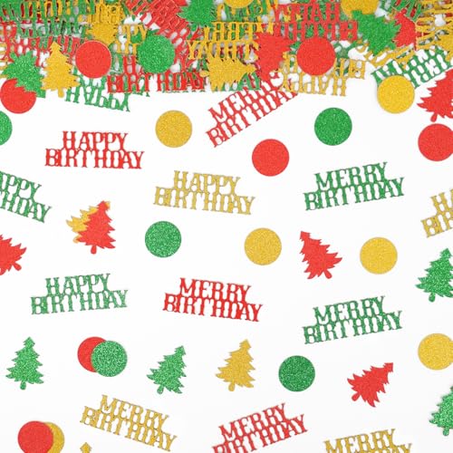 Merry Birthday Confetti Glitter Happy Bday Table Scatter Red Green Gold Christmas Tree Polka Dot Paper Confetti for Christmas Birthday Party Decor Sparkling Xmas Holiday Supplies (120 Pieces)