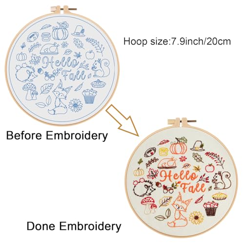 Image of Louise Maelys Hello Fall Embroidery Kit Autumn DIY Craft Set | Cross Stitch Kits Complete Set with Fabric, Hoop, Threads, Needles and Instructions. Needlepoint Kit for Fall DIY Crafts