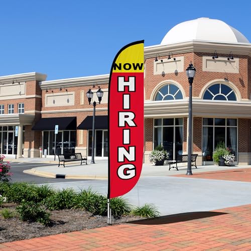 Image of LookOurWay Feather Flag Set, 12 ft Advertising Flag with Poles and Ground Spike for Business Promotion, Now Hiring (10M1200298GSet)