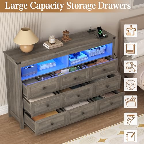 Image of Wodeer 9 Drawer Dresser for Bedroom with LED Lights, Charging Station, Wood Chest of Drawers with Metal Handles, Modern TV Stand & Storage Organizer for Bedroom, Hallway, Grey