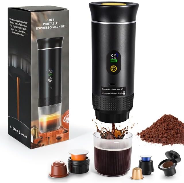 LAMA Mini Machine à café portable, électrique à capsules, compatible avec capsules et poudre, chauffage instantané pour camping, voiture, voyage, Noir