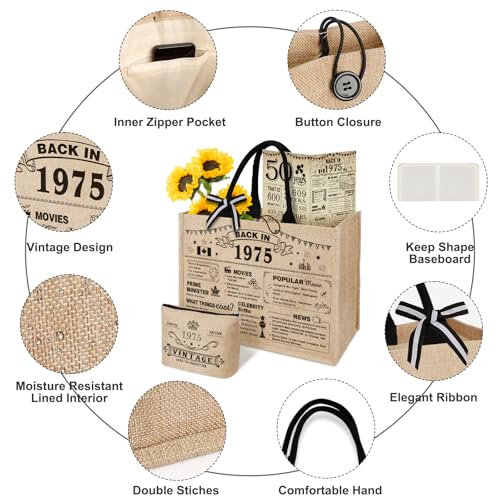 Image of YeohJoy 50th Birthday Gifts for Women Jute Tote Bag, Vintage 1975 Burlap Bag with Cosmetic Bag and Back in 1975 Poster, Unique 50 Years Old Gifts for Mom Friends Wife Sister Her