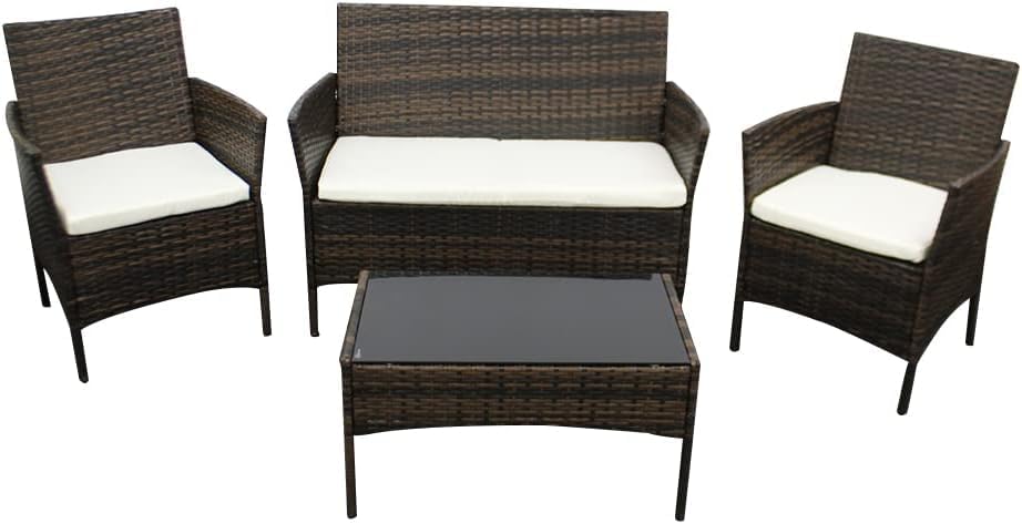 shine planet 4 Piece Rattan Garden Furniture Set Outdoor Sofa 1 Table, Double Seated Sofa and 2 Cushion Chairs Comfortable Stylish good for Garden, Backyard (Brown +Beige Cushions)