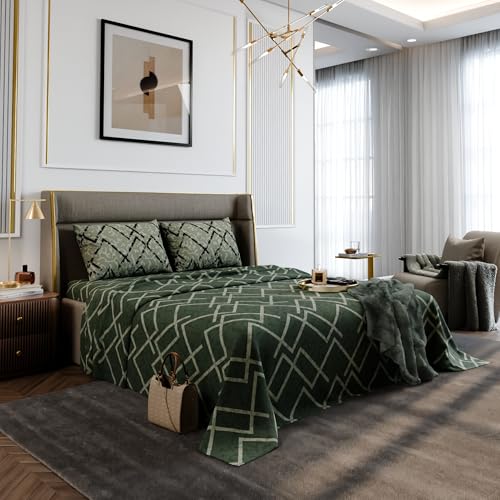 Image of Stoa Paris 100% Cotton Super King Bedsheet with 2 Pillow Covers for King & Double Beds, 180TC Printed Bedding Set, Breathable, All-Season Comfort, Lightweight, Urbanscape - Olive Mesh (274cmx274cm)